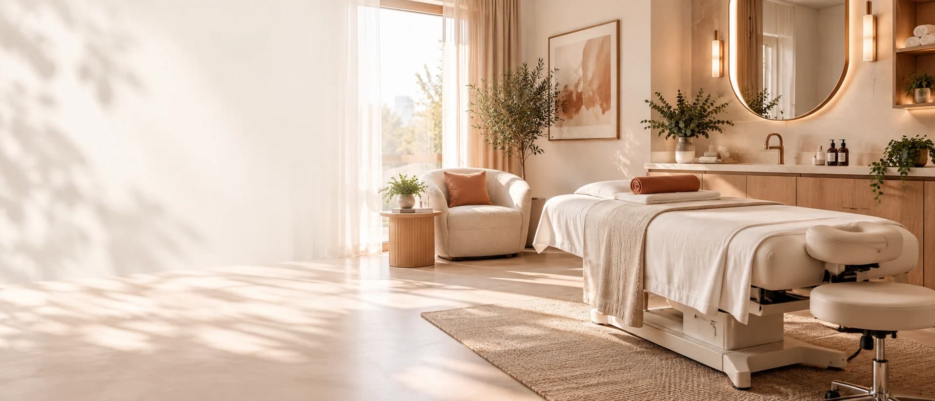 A bright, calm treatment room with a made-up treatment bed, a lounge chair by the window and warm wood cabinetry
